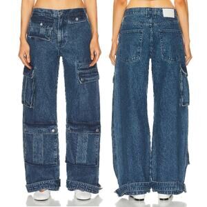 NWT GRLFRND The Lara Low Rise Wide Leg Denim Cargo Jeans Blue Women's size 25